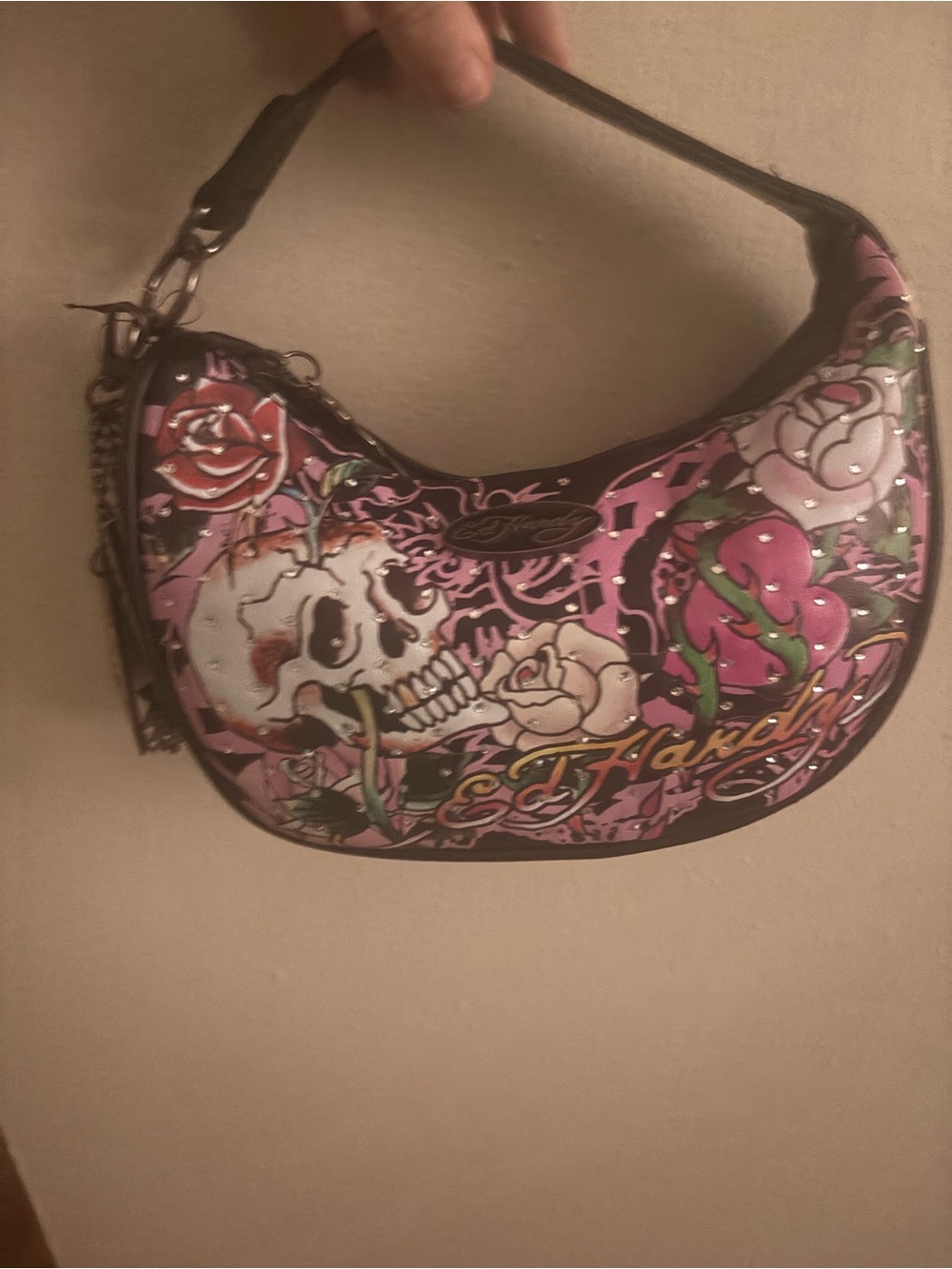 Ed Hardy Pink Floral Crescent Shoulder Bag NWT - Picture 2 of 3